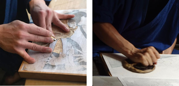「絵師」・「彫師」・「摺師」の三者の分業と、作品をプロデュースする「版元」四者で創り上げる日本独自の総合芸術